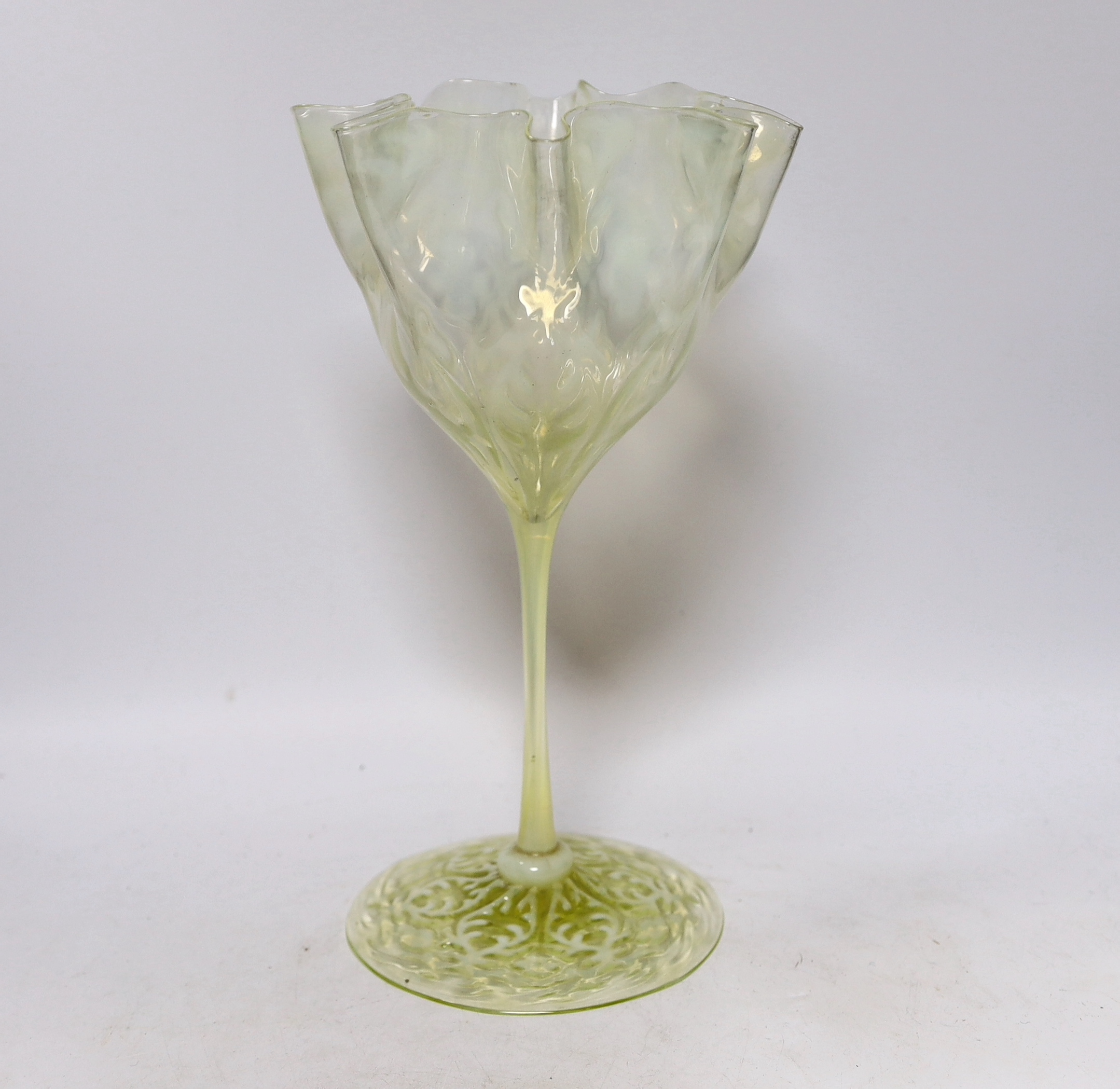 An Edwardian vaseline long stem vase, possibly by Thomas Webb, 31cm high